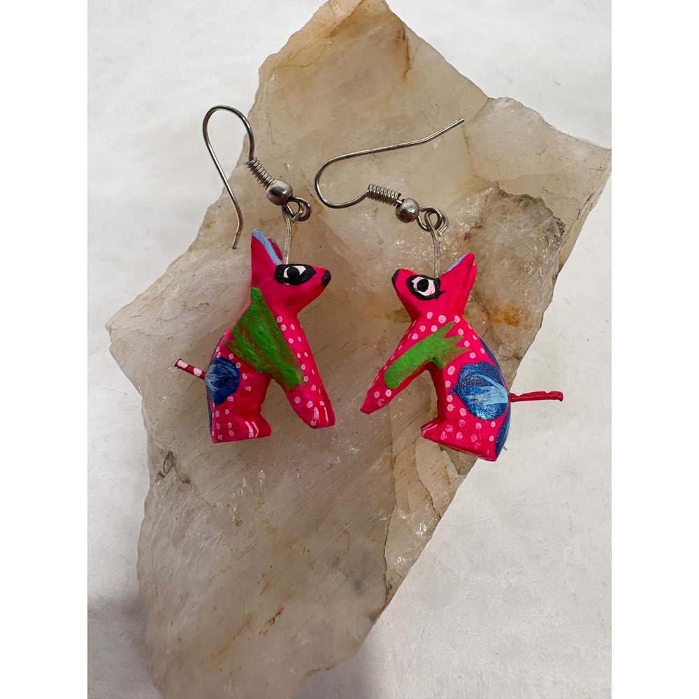 Mexican Folk Art Hand Painted Alebrije Dog Earrings Pink Mexico City Artisan